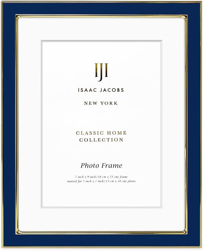 Isaac Jacobs 7x9 (Matted 5x7) Navy Enamel Picture Frame with Gold Metal Edge and Easel, Tabletop Display, Wall Décor, Photo Gallery, (7x9 (Matted 5x7), Navy with Gold)