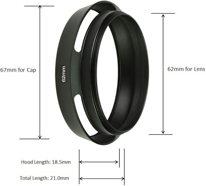 SIOTI 62mm Lens Hood, Oxidation Matte Anti Reflective Treatment, Aluminum Alloy, with 1 * 67mm Lens Cap, Compatible with Sony/Canon/Nikon/Fuji etc >40mm Camera Lens