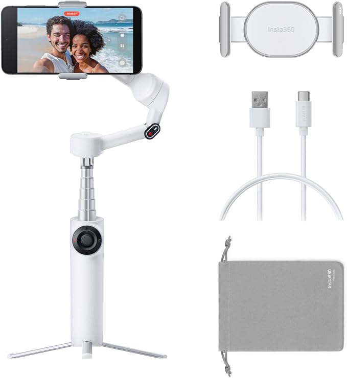 Insta360 Flow 2 White - Foldable AI Gimbal for iPhone, AI Tracking, Multi-Person Tracking, Built-in Tripod/Selfie Stick, Remote Control, iPhone/Android Portable Stabilizer
