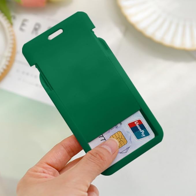 Larpur Sliding Badge Holders, 2 Pack Hard Plastic Card Case Holders with Clear ID Window, Vertical ID Badge Case for Teachers, Students, Employees, Dark Green