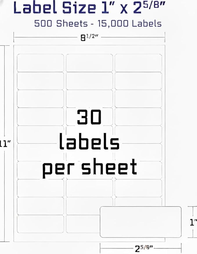Easy Peeling Printable Address Shipping Labels, 1" x2 5/8" | Customizable Sticker | White | 15,000 Blank Mailing and Shipping Labels | Inkjet and Laser Printer Guaranteed | Blank Labels