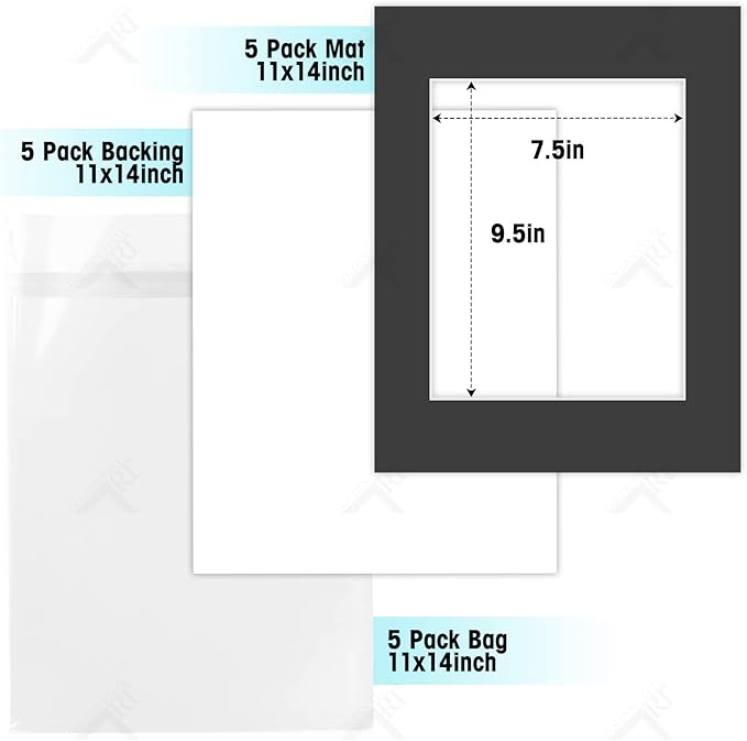 Golden State Art, Acid Free, Pack of 5, 11x14 Black Picture Mats Mattes with White Core Bevel Cut for 8x10 Photo + Backing + Bags