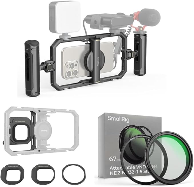 Bundle: SmallRig Universal Quick Release Phone Cage Kit Basic 4597+SMALLRIG 67mm Magnetic Filter Ring Adapter 4843+67mm Magnetic Variable ND Filter ND2-ND32 (1-5 Stops) 4581