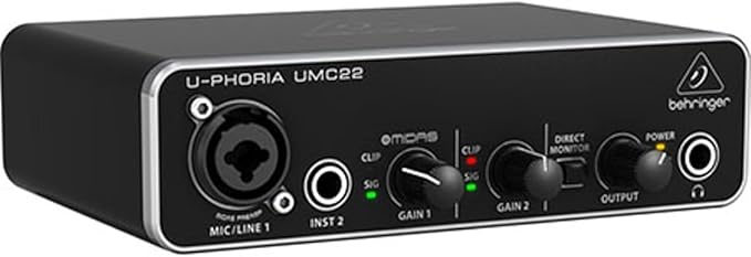 Behringer UMC22 Audiophile 2x2, 48 kHz USB Audio Interface with Midas Mic Preamplifier | For Recording Microphones and Instruments