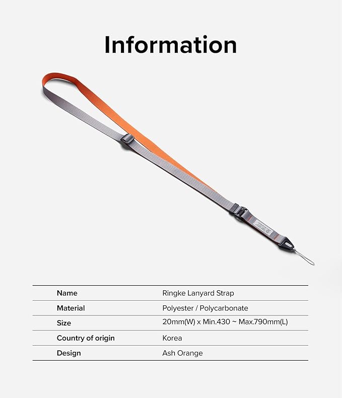 Ringke Lanyard Strap [Adjustable Neck Shoulder Crossbody Strap] [One-Touch Buckle] for Phone Case, Camera, Keys, USB Flash Drive, and ID Badge - Ash Orange