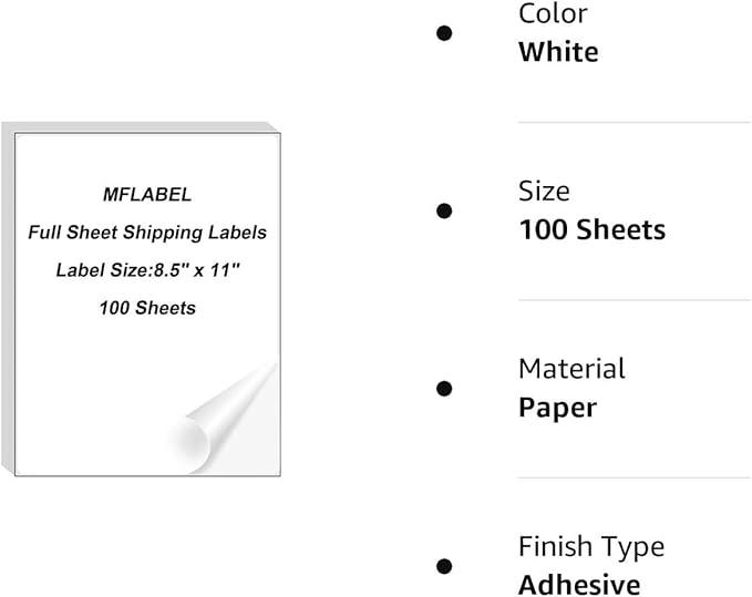 MFLABEL Full Sheet Sticker Label, Address Sticker, White Matte Label Paper, 8-1/2" x 11" Shipping Labels for Laser & Inkjet Printer (600 Labels, 600 Sheets)