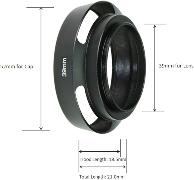 SIOTI 39mm Lens Hood, Oxidation Matte Anti Reflective Treatment, Aluminum Alloy, with 1 * 52mm Lens Cap, Compatible with Sony/Canon/Nikon/Fuji etc >40mm Camera Lens