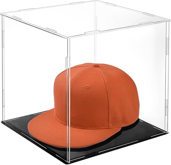 AHANDMAKER Display Case Clear Cube Baseball Holder Hat Box with Black Base Acrylic Display Case for Action Figures, Baseball, 8x8x8 Inch Remove Film Before Use