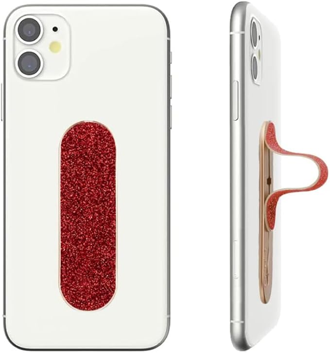 Momostick Flatstick, Cell Phone Finger Grip Strap Holder for Hand, Cell Phone Stand, New Slim Finger Loop Selfie Grip Compatible with Most Smartphones -Glitter Red