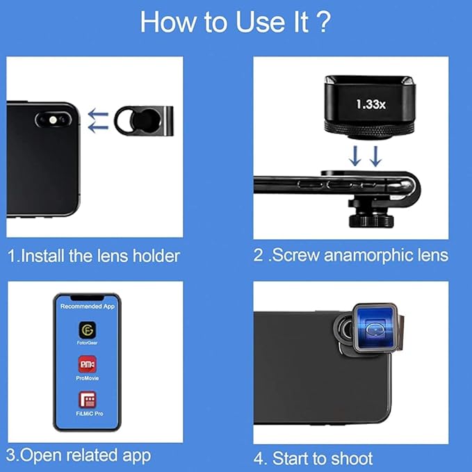 1.33X Anamorphic Lens Filmmaking Cinematic for Phone Smartphone Video 2.4:1 Ratio Attached Lens for FilmicPro Fotorgear Promovie