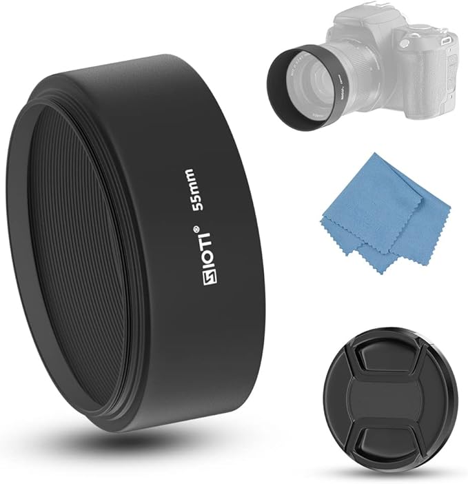 SIOTI 55mm Lens Hood, Oxidation Matte Anti Reflective Treatment, Aluminum Alloy, with 1 * 58mm Lens Cap, Compatible with Sony/Canon/Nikon/Fuji etc >50mm Camera Lens
