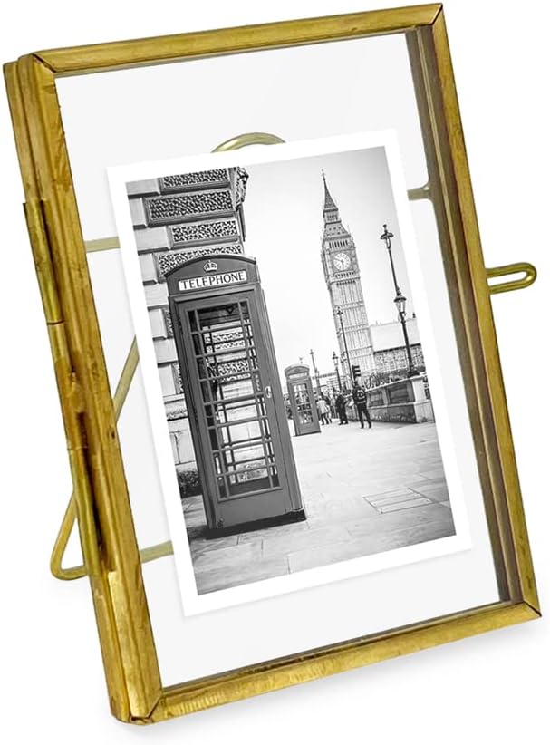 Isaac Jacobs 2x3, Antique Gold, Vintage Style Brass and Glass, Metal Floating Picture Frame (Vertical) with Locket Closure, for Photos, Art, & More, Tabletop Display (2x3 Antique Gold)