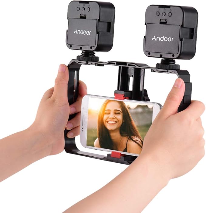 Andoer Smartphone Video Rig with 2pcs LED Video Light, Phone Filmmaking Case, Phone Video Stabilizer Grip Tripod Mount for Videomaker