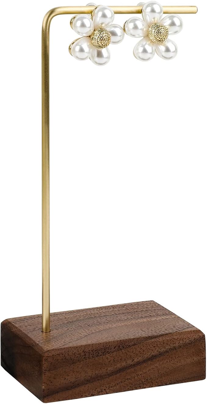 GemeShou brass earring display stands for selling, wooden ear ring holders for jewelry, single stud holder jewelry display【Walnut brass earring stand Height 5.31"】