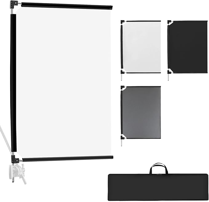 WELLMAKING 36x27'' Light Reflector Flag kit, 3-in-1 Portable Collapsible Diffuser for Photo Video Studio Shooting-Scrim, White and Black, Foldable Flag Kit, Shaper for Soft, Diffused & Light Effects