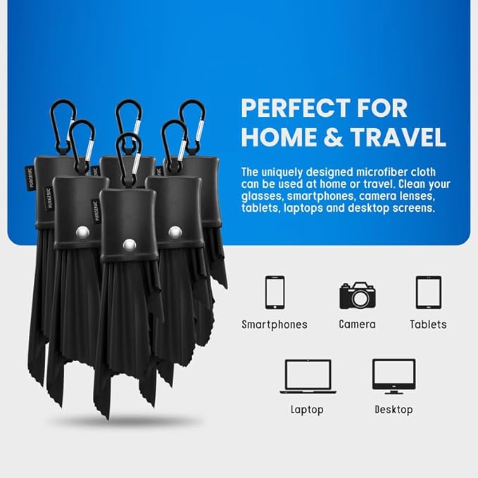 Microfiber Cloth & Glasses Wipes (6 Pack) Lens & Glasses Cleaning Cloth - Eyeglass Cleaner - Camera Lenses & Gadget Delicate Screens - Black
