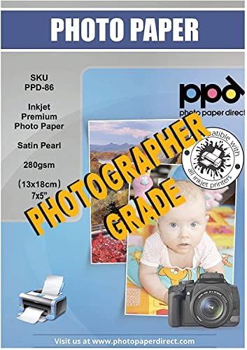 PPD Satin Photo Paper for Inkjet Printer, Premium Semi-Gloss Luster Finish 5 x 7 Size Sheets for Printable Photos, Thick 255 gsm 68 lbs 10.5 mil, White, Water Resistant & Instant Dry Prints (100 Pack)