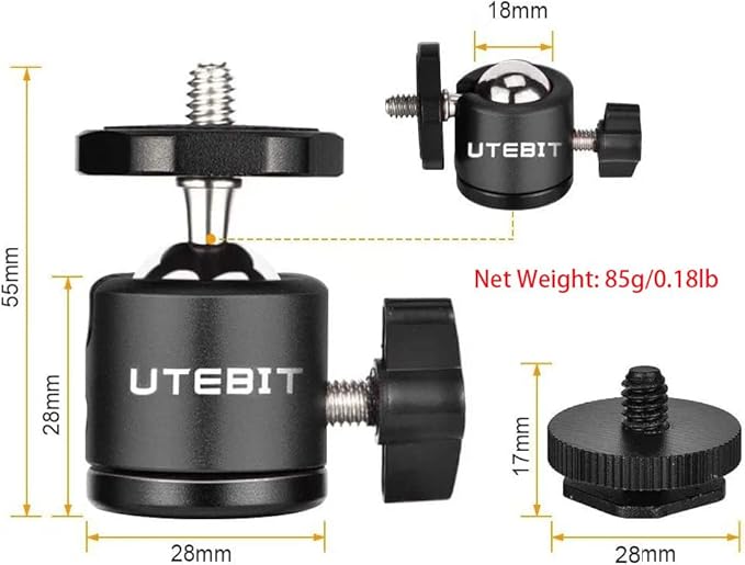 UTEBIT 2 Pack Mini Ball Head with 1/4" Hot Shoe Mount Adapter Max Load 5.5lb 360° Swivel Tripod Ball Head for DSLR Camera Camcorder, Light Bracket