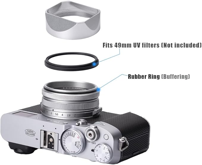 Metal Square Lens Hood (with Cap) with 49mm Adapter Ring for Fujifilm X100V/X100VI Camera Accessories (X100VI-Lens Hood-Silver)