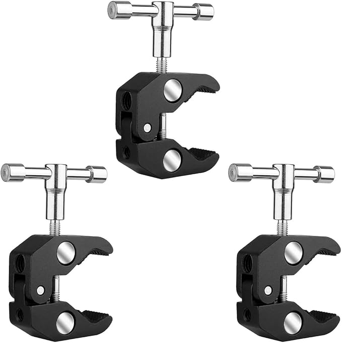 3 Pack Super Clamp with 1/4 and 3/8 Thread Camera Clamp Mount, Super Crab Clamp Rod Magic Arm Clamp Clip for Cameras, Rods, Lights, Hooks, Shelves, Cross Bars, etc
