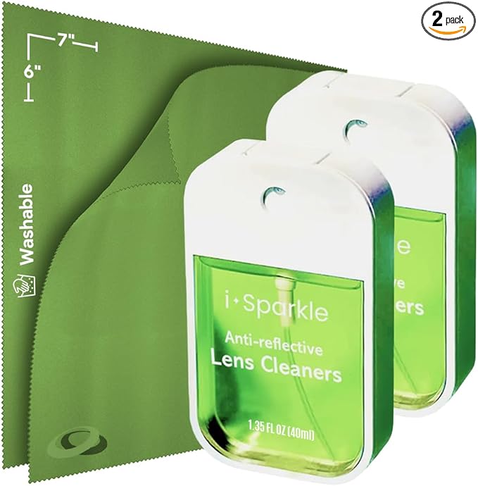 I-Sparkle Anti-Reflective Lens Cleaner Spray kit | (2x) 1.35oz Glasses Cleaner Spray + (2x) Microfiber Cloth for Eyeglasses, Sunglasses, Lenses, Screens and Camera Cleaning Kit (4 Piece Set)