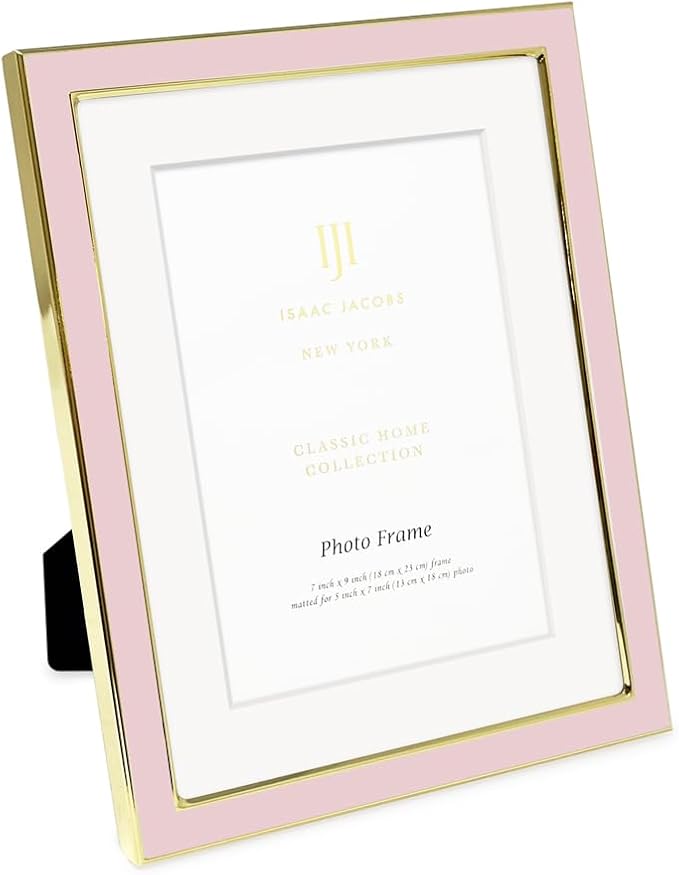 Isaac Jacobs 7x9 (Matted 5x7) Blush Enamel Picture Frame with Gold Metal Edge and Easel, Tabletop Display, Wall Décor, Photo Gallery, (7x9 (Matted 5x7), Blush with Gold)