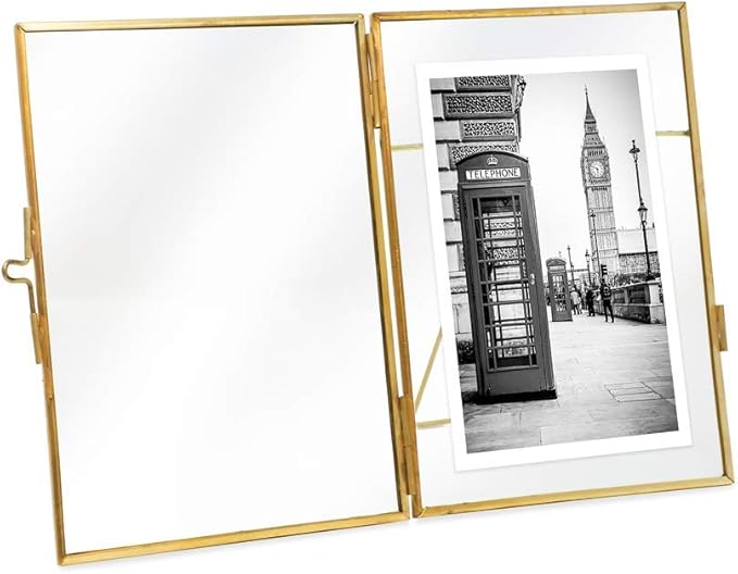 Isaac Jacobs 4x6, Antique Gold, Vintage Style Brass and Glass, Metal Floating Picture Frame (Vertical) with Locket Closure, for Photos, Art, & More, Tabletop Display (4x6 Antique Gold)
