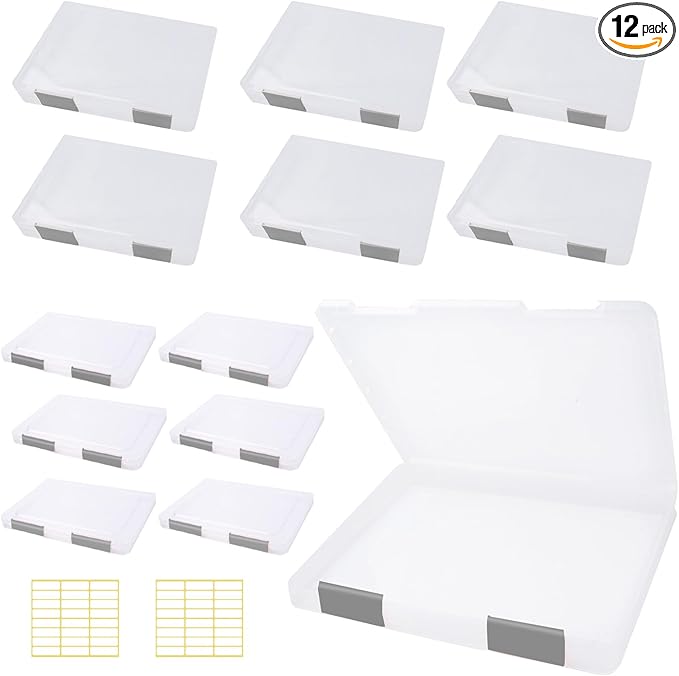 Olutacot 12 Pcs Clear A4 A5 File Box Document Plastic Storage Box with 48 Labels File Holder Organizer Paper Plastic Case Magazine Protector with Buckle Office School Supplies(Grey)