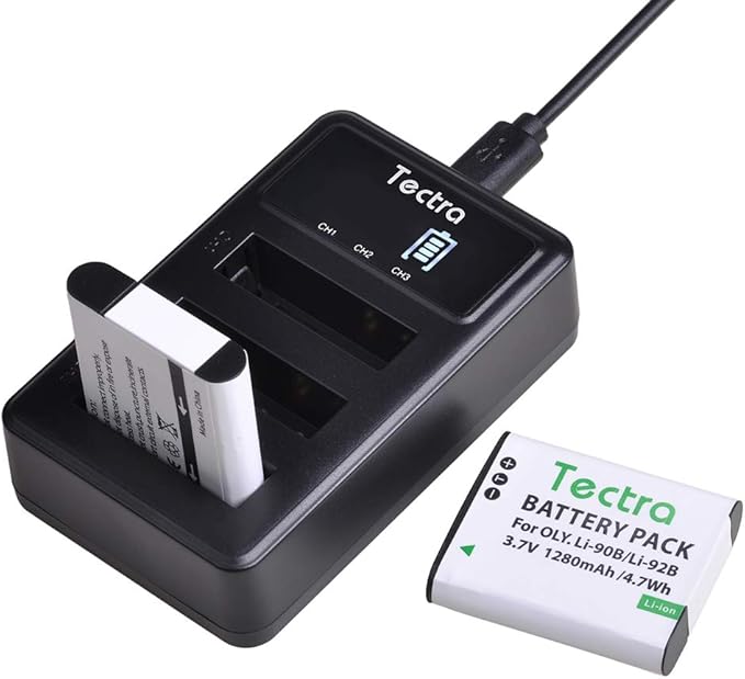 Tectra 3-Pack Li-90B Li-92B DB-110 Battery + Charger for Olympus Tough TG-7, TG-6, TG-5, TG-Tracker, SH-1, SH-2, SP-100 IHS, Tough TG-1 iHS, TG-2 iHS, TG-3, TG-4, SH50 iHS, SH60, XZ-2 iHS