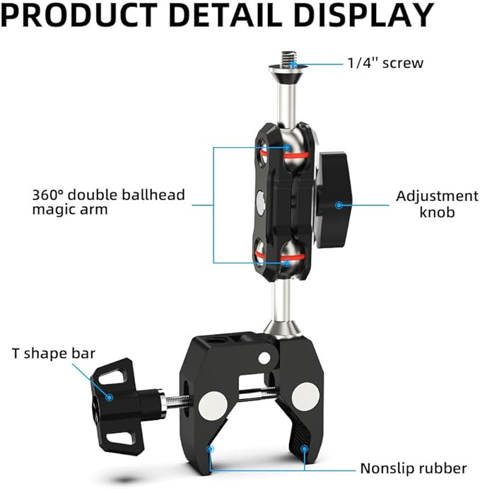 SUREWO Super Camera Clamp Mount,Super Clamp Mount with Dual Ballhead Magic Arm Compatible with Gopro Hero 13,12,11,10,9,8,7,6,5, Insta360 X4/3/2, DJI Osmo Action 6/5 pro/4/3,AKASO and More