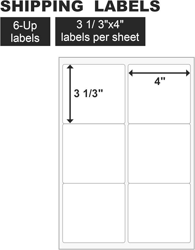 [200 Sheets 1200 Labels] Shipping Labels 3 1/3"x4" Printable White 6 up Labels for Laser/Inkjet Printers, Mailing FBA Address Label Sticker Paper - Permanent Adhesive Label Blank