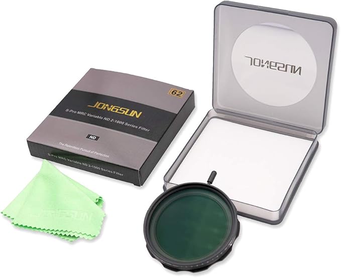 JONGSUN 62mm Variable ND Filter, S-Pro MRC 16 Layers Nano Coatings, More Than 10 Stop ND2-ND1000 Stepless Adjustment Graduated, Lens Cloth Kit, Camera Neutral Density Filter