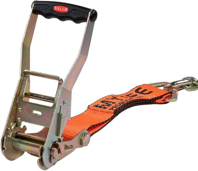 Mytee Products 10 Pack 2" x30' Orange Ratchet Strap with Chain Anchor - 4000 Lbs WLL High Abrasion Heavy Duty Tie Down Cargo Truck Straps with Chan Anchor for Flatbed, Truck, Trailers, Pickup