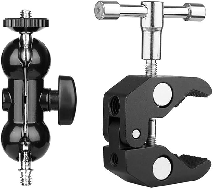 Camera Super Clamp Mount (w/ 1/4 and 3/8 Thread) and Double Ball Head Hot Shoe Mount Magic Arm Adapter for DSLR Camera/Camera Cage/LED Light/Flash Light/Action Camera
