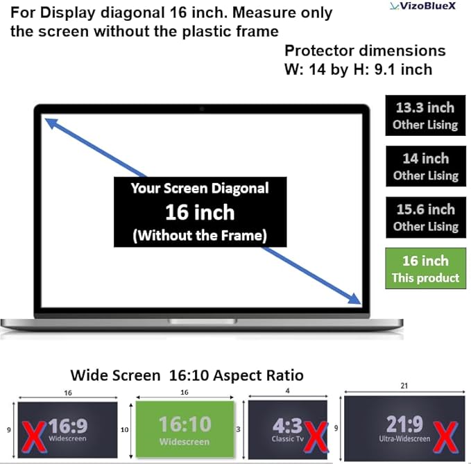 VizoBlueX - 16 inch Diagonal Blue Light Blocking Screen Protector Filter. Panel LED PC Laptop Anti-UV Eye Protection Panel Cover - Widescreen Laptop Frame Hanging Type (W 14" X H 9.2")
