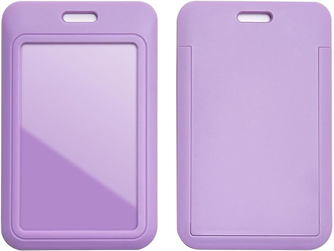 Larpur Pack of 2 Sliding ID Badge Holders Hard Plastic Vertical Card Cases with Clear ID Window for School, Office, Factory, Purple