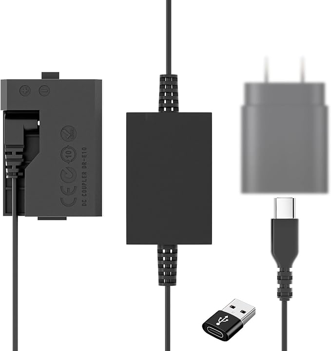 DR-E10 DC Coupler LP-E10 Dummy Battery USB C Cable Replace ACK-E10 AC Power Adapter Compatible with Canon EOS Reble T7 T6 T5 T3 T100 1100D 1200D 1300D 1500D 2000D Kiss X50 X70 X80 X90