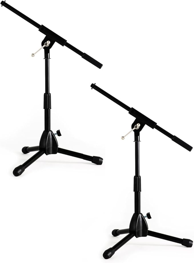 Stage Rocker Foldable Tripod Low-Profile Mic Boom Stand, 2 Pack - Height Extending from 9.6'' to 16.9'', w/Adjustable Telescoping Arm Up to 9'', Lightweight, Black, Powered by Hamilton(SR610121B-2PK)