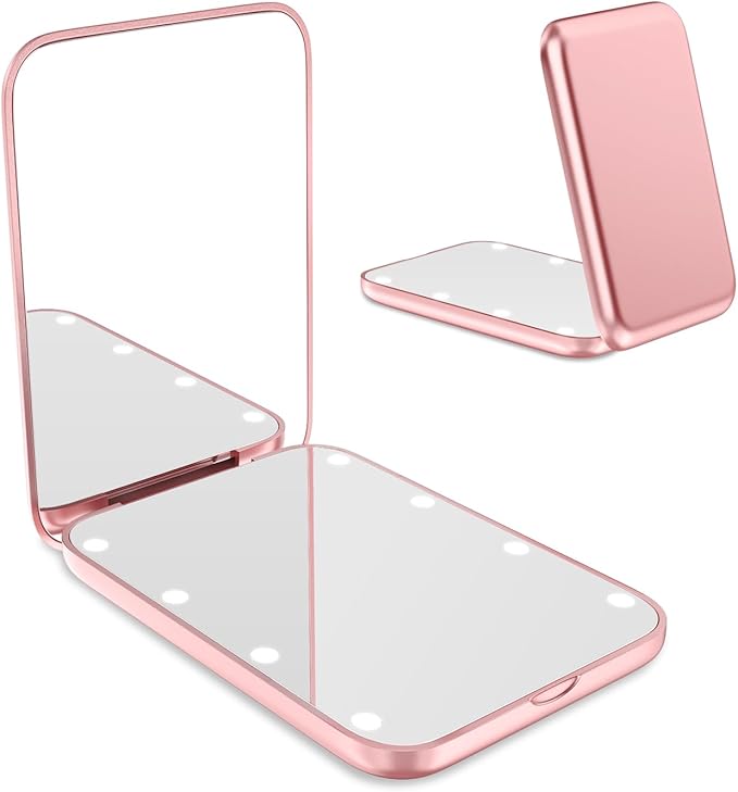 WOBSION Small Mirror with Lights,LED Compact Makeup Mirror,1x/3x Mini Travel Mirror with Magnification,Portable for Purse,Pocket,Gifts for Girls,Rose Gold
