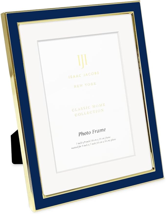 Isaac Jacobs 7x9 (Matted 5x7) Navy Enamel Picture Frame with Gold Metal Edge and Easel, Tabletop Display, Wall Décor, Photo Gallery, (7x9 (Matted 5x7), Navy with Gold)