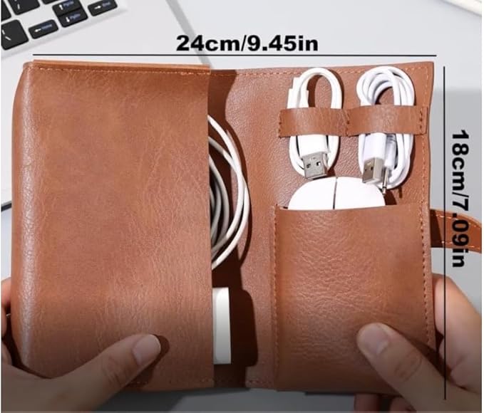 Vintage leather Electronic organizer travel case,cord organizer travel, Leather charger shortage for essentials mouse, adapter, cables (brown with elastic band)
