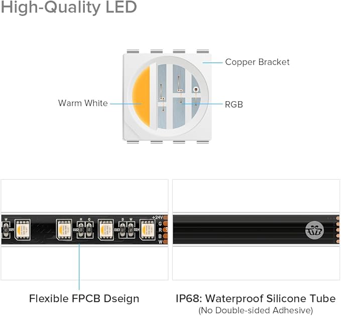 BTF-LIGHTING IP68 Waterproof Outdoor RGBW LED Strip 5050SMD RGB+Warm White(3000K-3500K) 4 Colors in 1 DC24V 16.4ft 5m 60LED/m Multi-Colored Tape Lights Can Work Outdoor(No Adapter or Controller)