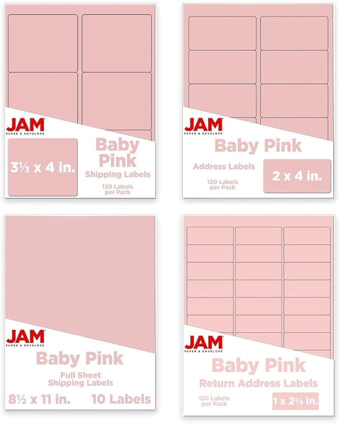 JAM PAPER Shipping & Mailing Address Labels - Multi Size Assortment - Baby Pink - 370/Pack