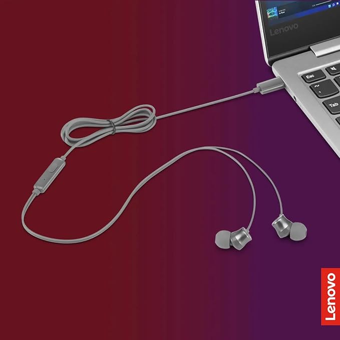 Lenovo - 300 Wired in-Ear USB-C Headphones - in-Line Microphone - USB-C Connectivity - Play & Pause Button - 3 Sizes Silicone Ear Tips Included, Grey