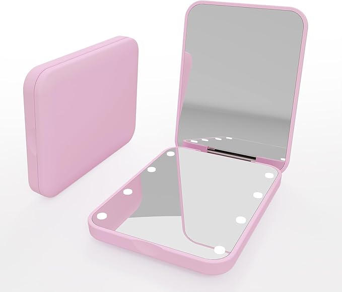 QUELIEN Compact Mirror LED Lighted Pocket Mirror for Women, Sleek Pink Mini Travel Compact Mirrors with 8 Bright LED Lights, Portable Compact Mirror with Light for Makeup, Purse, and On-The-Go Use
