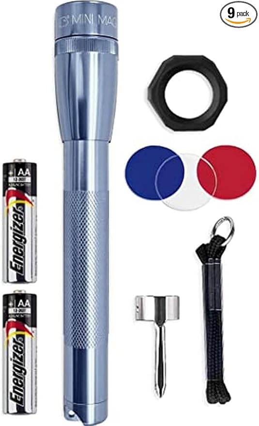 MagLite Mini LED Flashlight - Ultra Bright 127 Lumens, Adjustable Beam, Water-Resistant IPX4, Shock Resistant, 2 Power Modes, includes 2 AA Premium Alkaline Batteries - (Combo Pack, Gray)