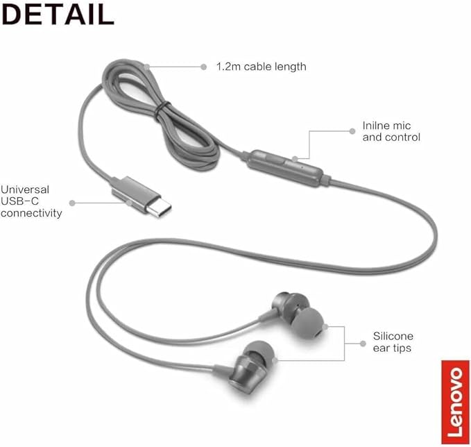Lenovo - 300 Wired in-Ear USB-C Headphones - in-Line Microphone - USB-C Connectivity - Play & Pause Button - 3 Sizes Silicone Ear Tips Included, Grey