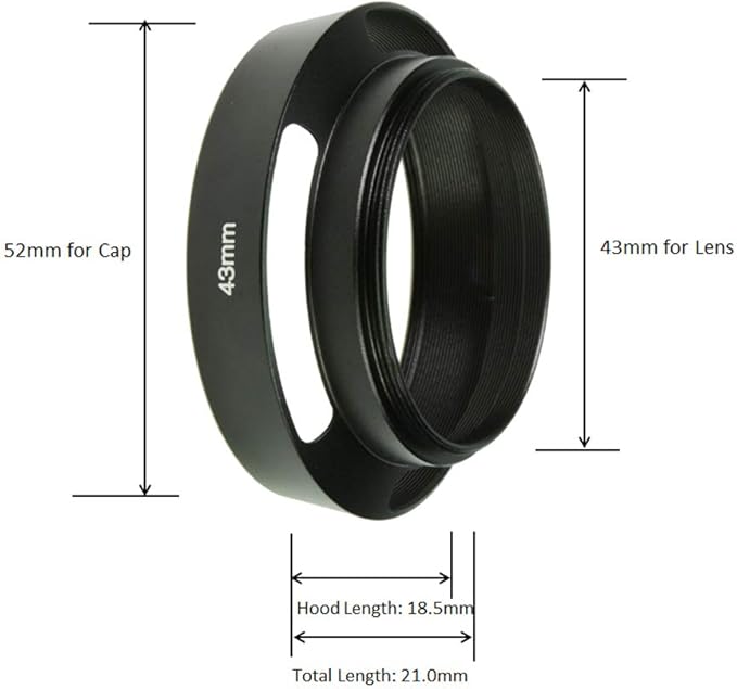 SIOTI 43mm Lens Hood, Oxidation Matte Anti Reflective Treatment, Aluminum Alloy, with 1 * 52mm Lens Cap, Compatible with Sony/Canon/Nikon/Fuji etc >40mm Camera Lens