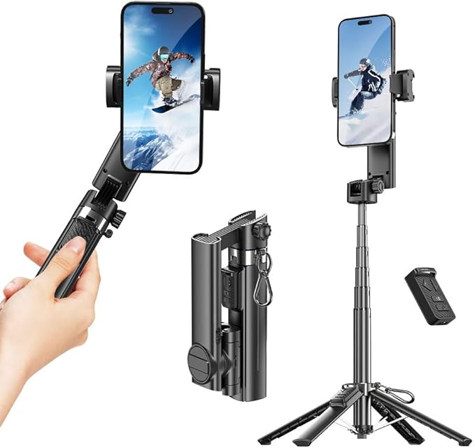 Smartphone Gimbal Stabilizer with Remote Control, Selfie Stick & Tripod, One-Touch Horizontal/Vertical Switch & 360° Automatic Rotation, Compatible with iPhone and Android