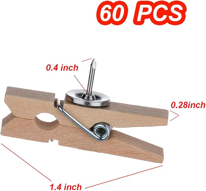DOSEWART Push Pin Clips for Cork Board, 60 Pcs Wooden Paper Clips with Push pins for Bulletin Board Decoration, Artworks, Notes, Photos, Cubicle and Classroom Decor